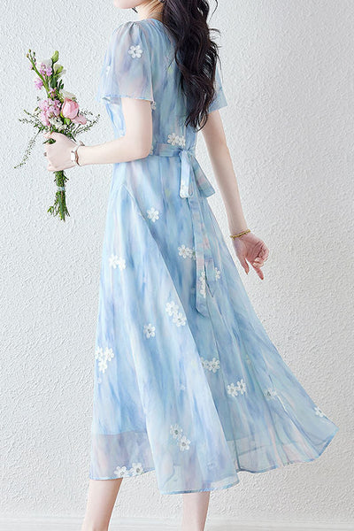 Square neck embroidered mixed color dress