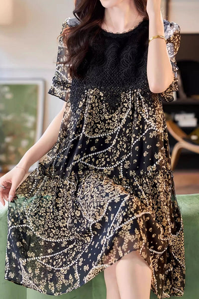 Round neck lace panel printed short sleeve dress