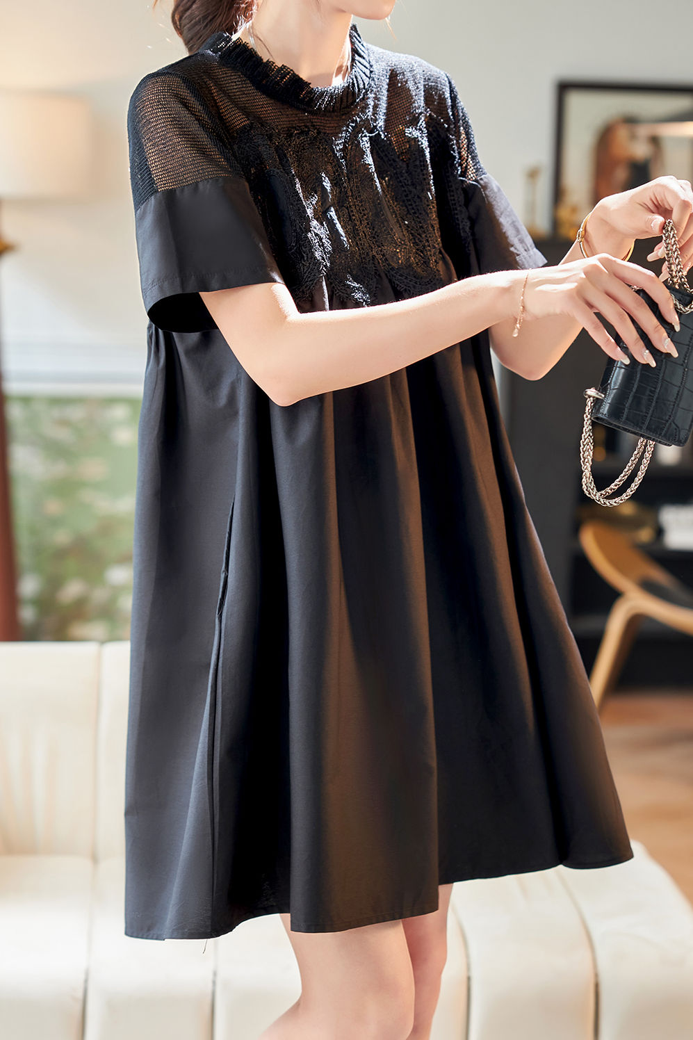 Lace and mesh spliced A-line dress