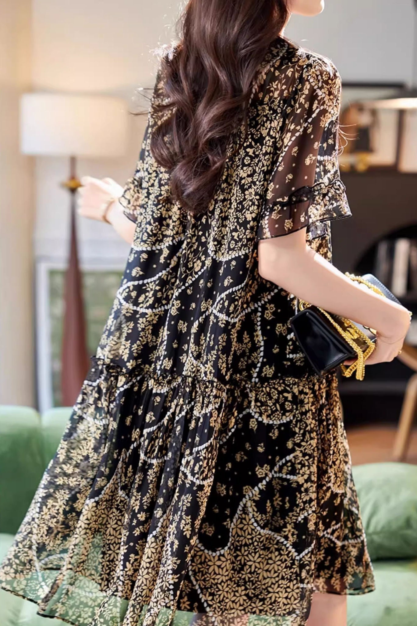 Round neck lace panel printed short sleeve dress