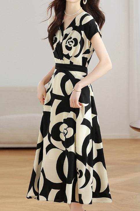 V-neck color block printed dress
