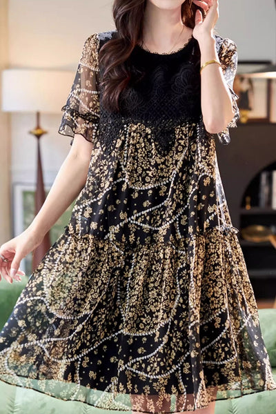 Round neck lace panel printed short sleeve dress