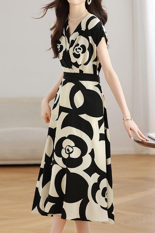 V-neck color block printed dress