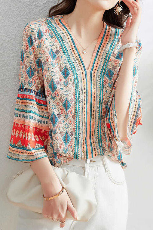 V-neck bell sleeve printed top