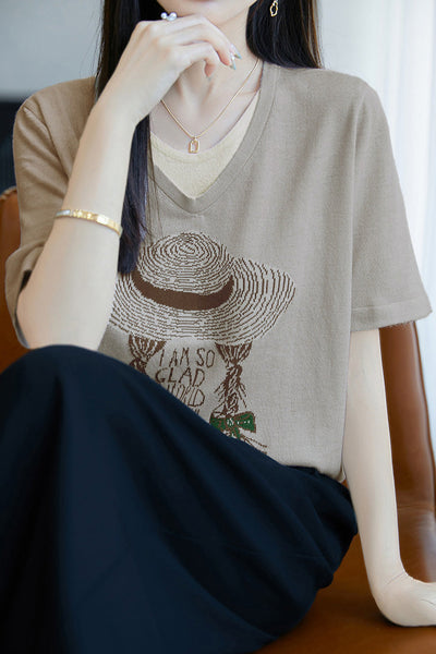 Faux two-piece V-neck short sleeve T-shirt