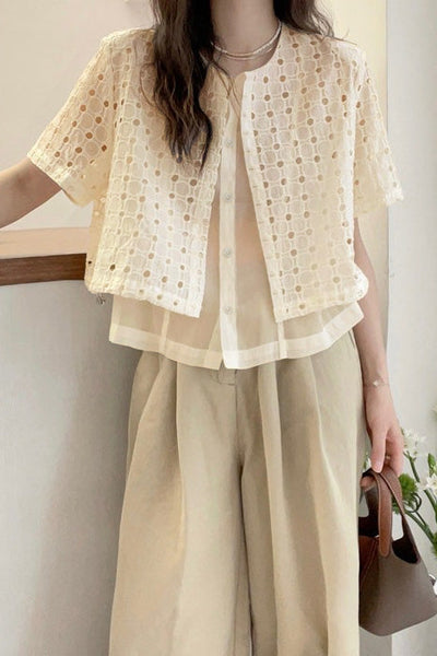 Faux two-piece spliced button-up short sleeve shirt