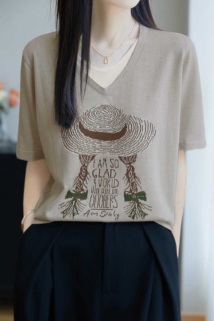 Faux two-piece V-neck short sleeve T-shirt
