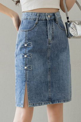 Embroidered beaded high-waisted slit denim skirt