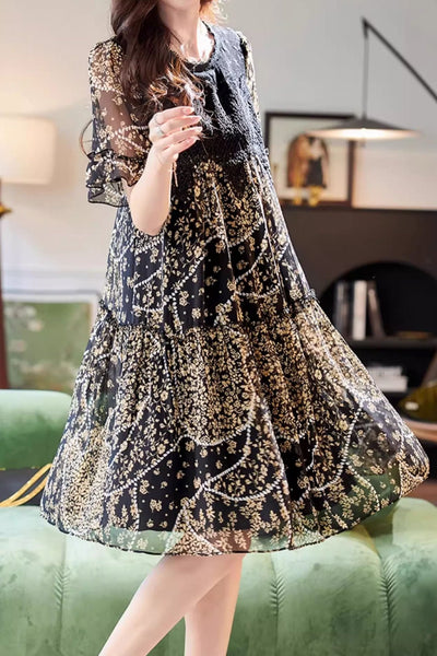 Round neck lace panel printed short sleeve dress