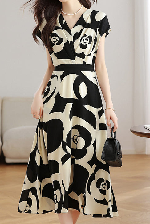 V-neck color block printed dress