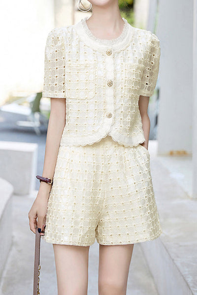 Round neck short sleeve hollow top and shorts two-piece set