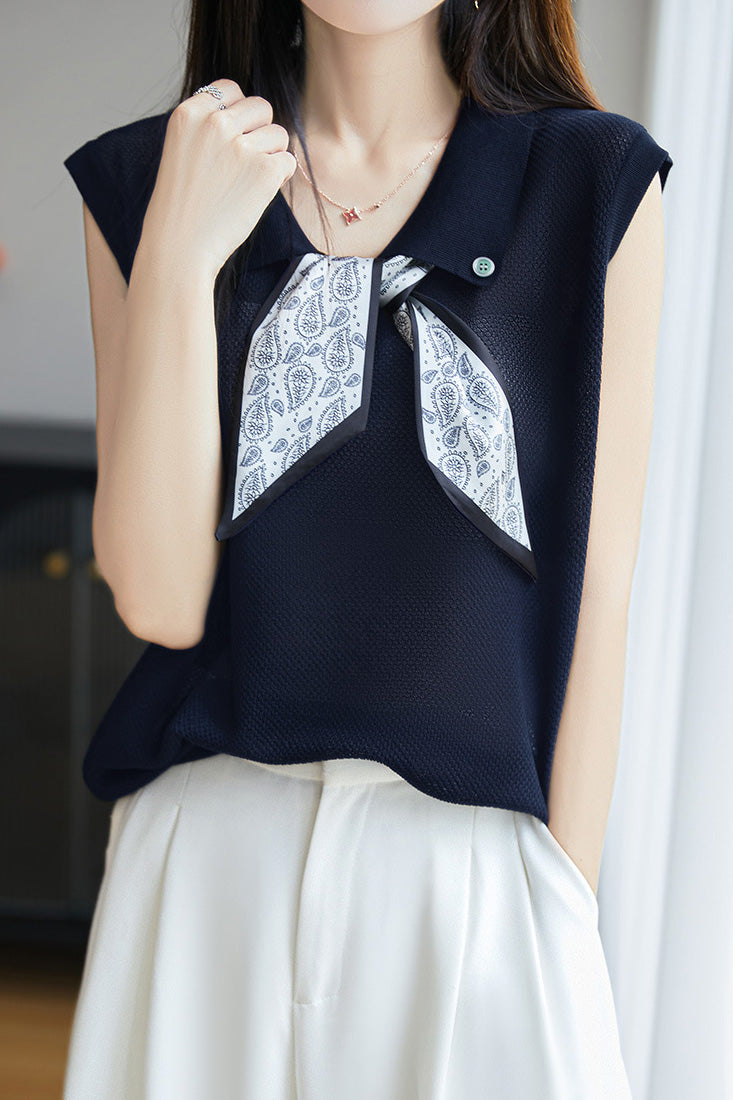 Collared scarf half-button sleeveless knit T-shirt