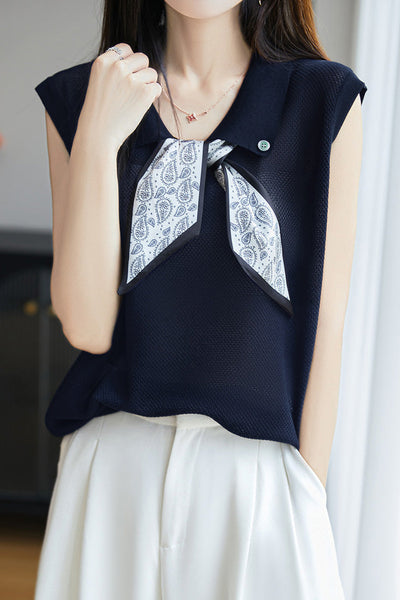Collared scarf half-button sleeveless knit T-shirt