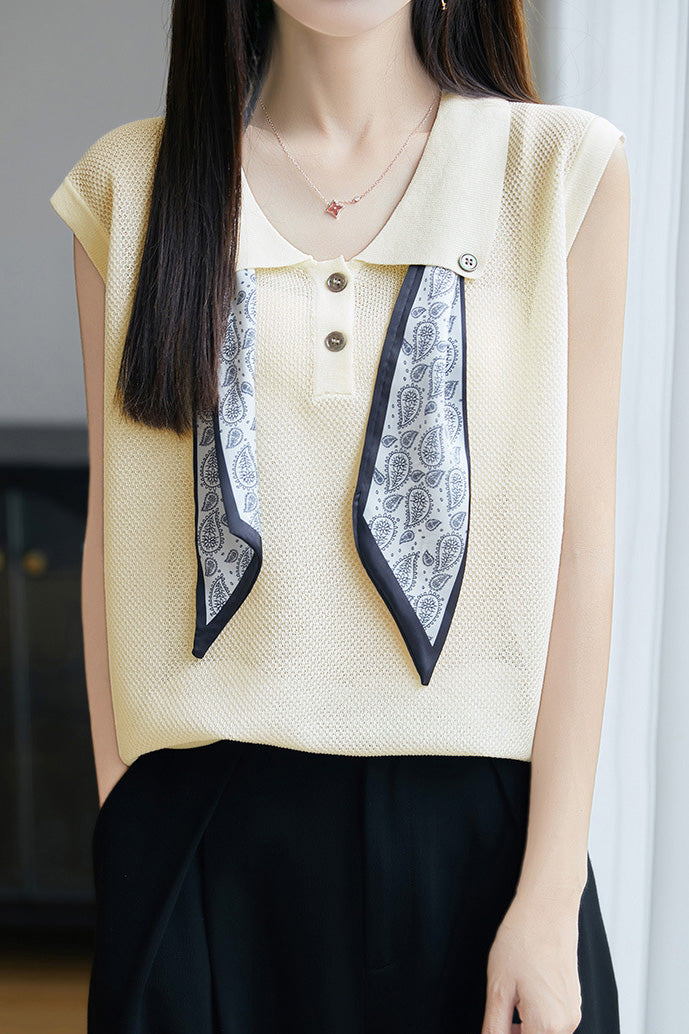 Collared scarf half-button sleeveless knit T-shirt
