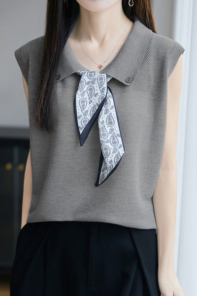 Collared scarf half-button sleeveless knit T-shirt