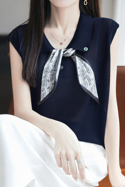 Collared scarf half-button sleeveless knit T-shirt