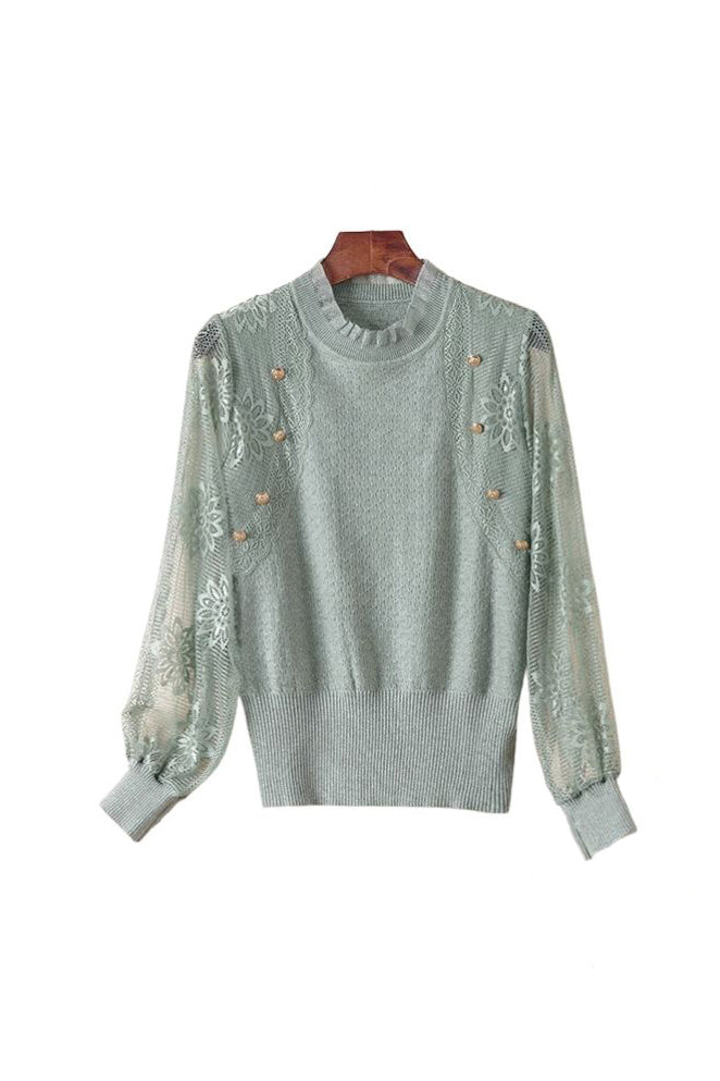 Button Decor Flower Tulle Sleeve Knit Top - 3 Colors Available