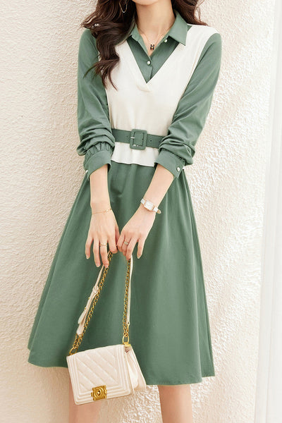 Layered Look Polo Collar Buckle Belted Dress - 3 Colors Available