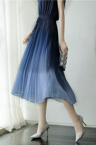 Key Neck Ombre Pleated Dress with Lining - 3 Colors Available