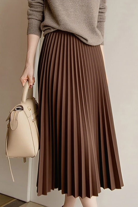 Early autumn woolen pleated midi skirt