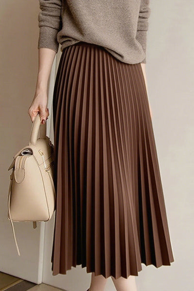 Early autumn woolen pleated midi skirt