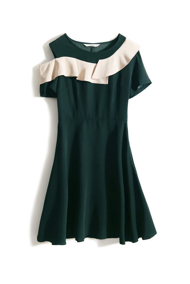 Asymmetrical Open Shoulder Frill Contrast Dress