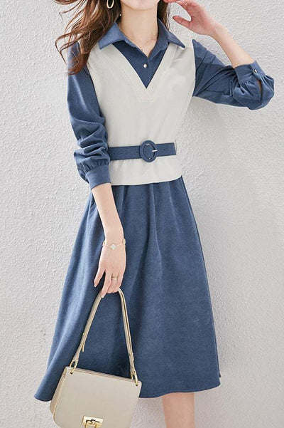 Layered Look Polo Collar Buckle Belted Dress - 3 Colors Available