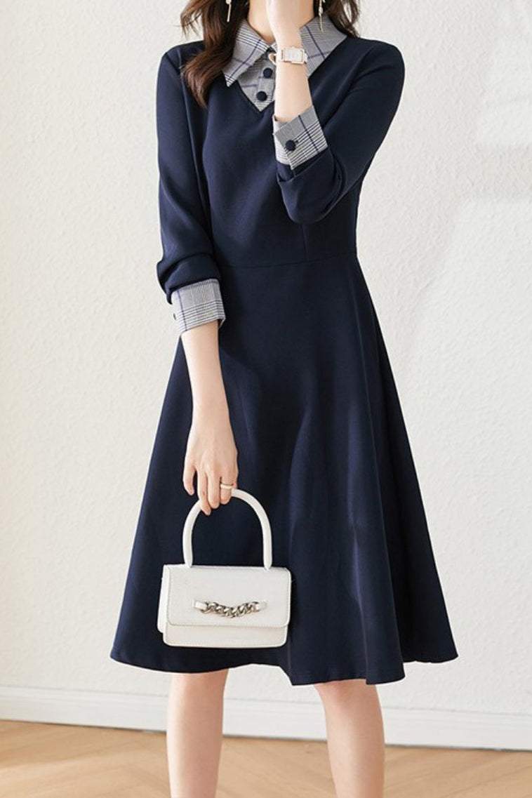 Mixed Material Shirt Collar Check Contrast Flare Dress