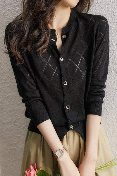 Round Neck Open Knit Check Pattern Cardigan - 3 Colors Available