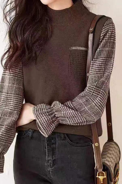High Neck Houndstooth Contrast Knit Top - 3 Colors Available