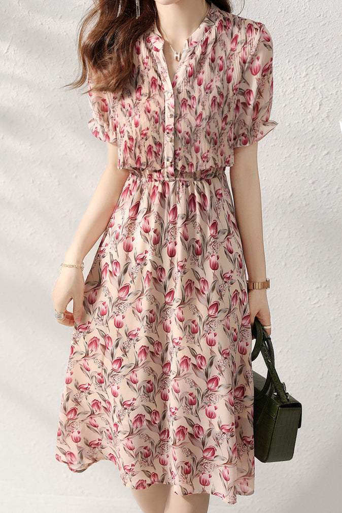 Pleated Docking Chiffon Dress with Lining