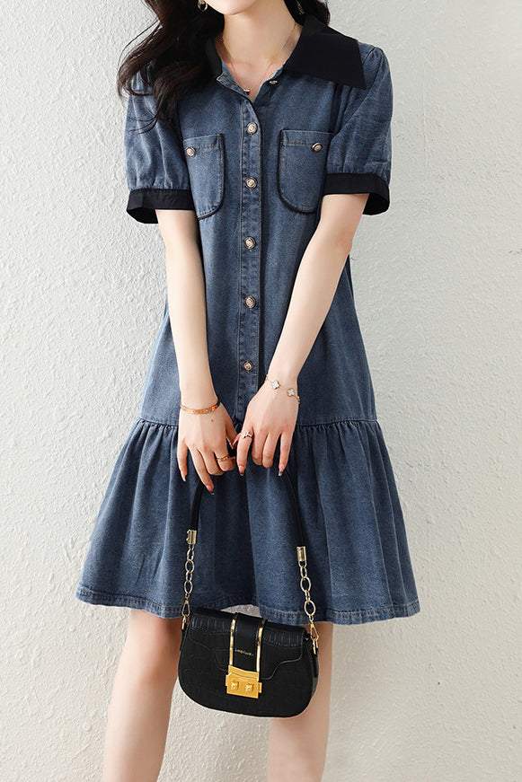 Mixed Material Barrymore Color Prairie Denim Dress