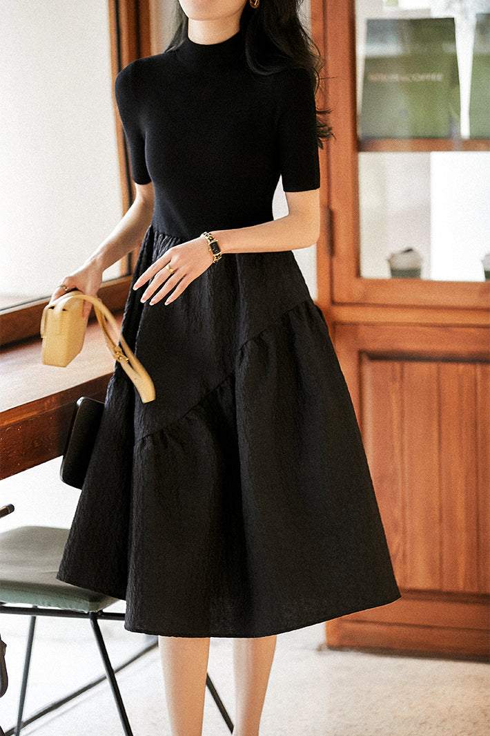 Mock Neck Embossed Docking Knit Dress