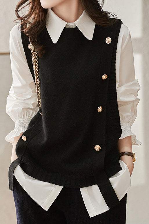 Two-piece set, knitted vest with round button decoration + shirt with frilled collar and frilled cuffs