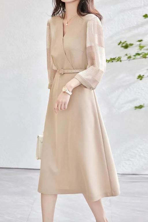 Mixed Material Sheer Check Contrast Crossover Belt Long Dress - 2 Colors Available