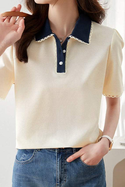 Polo Collar Lace Decor Tuck Sleeve Shirt