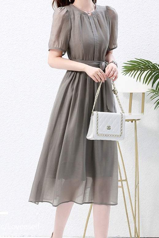 Nail Color Pintuck Belted Long Dress with Lining - 3 Colors Available