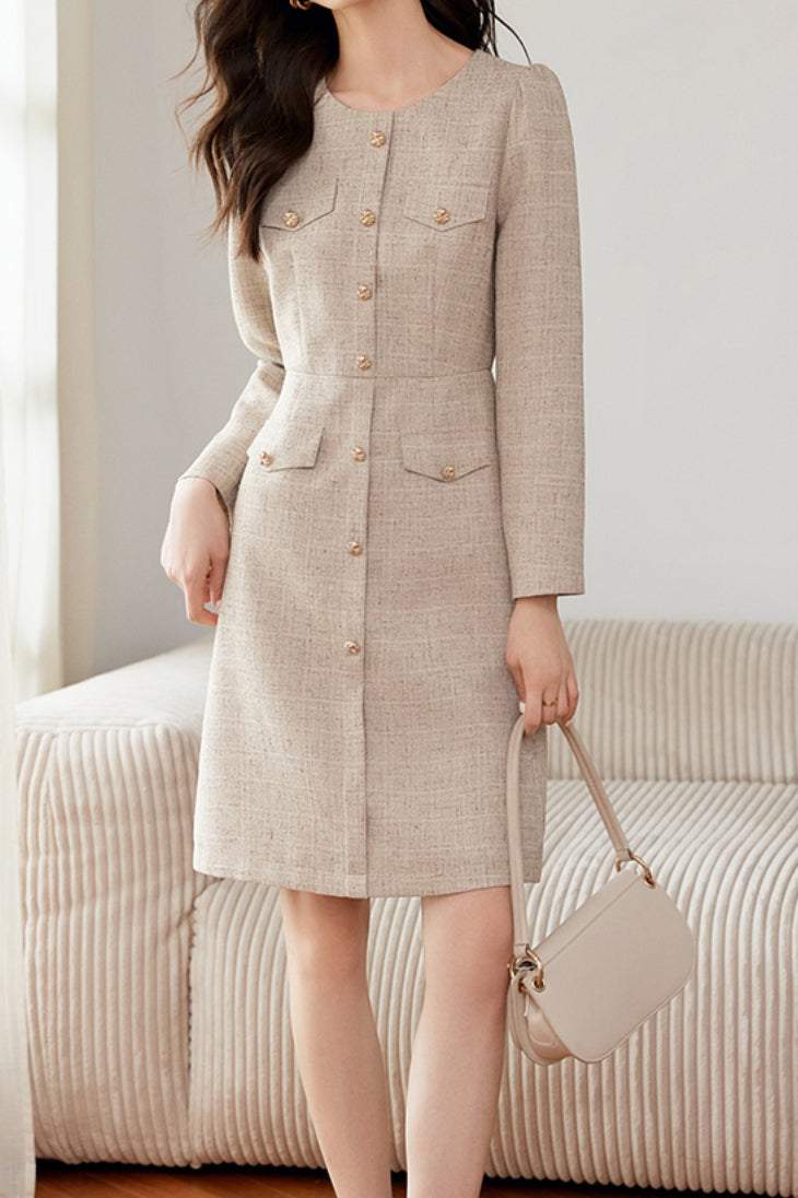 Elegant No-Collar Button Decor Dress with Lining