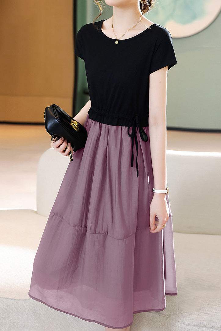 Round Neck Docking Prairie Dress with Lining