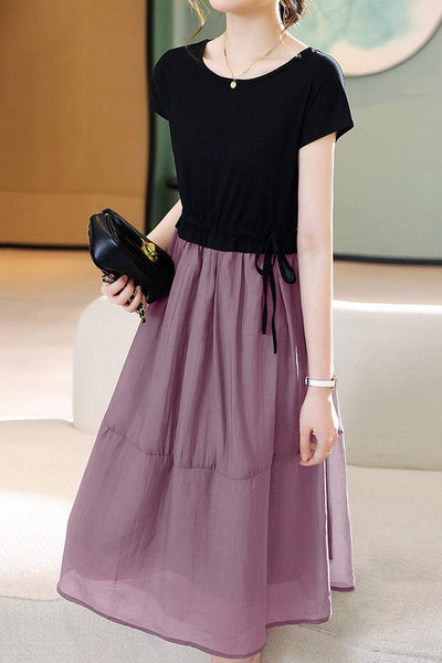 Round Neck Docking Prairie Dress with Lining