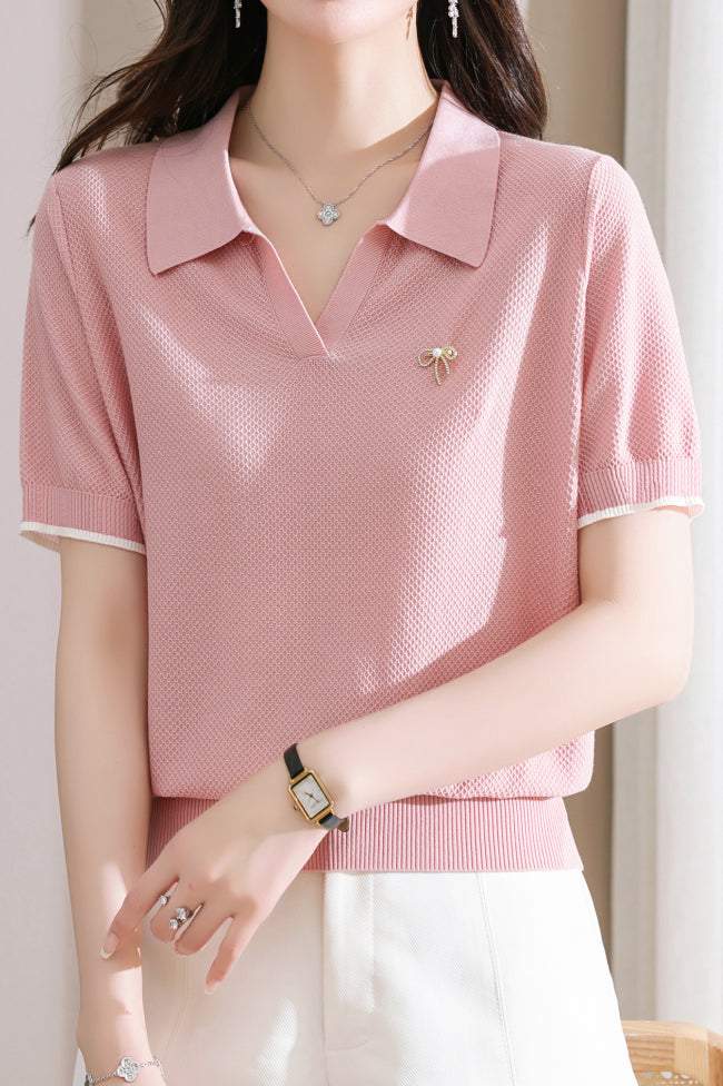 Skipper Collar Brooch Decor Knit Top - 3 Colors Available
