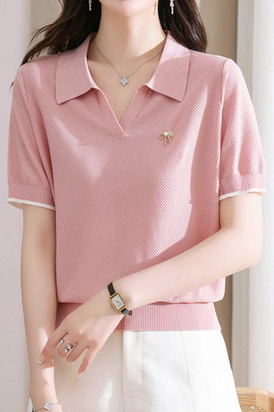 Skipper Collar Brooch Decor Knit Top - 3 Colors Available