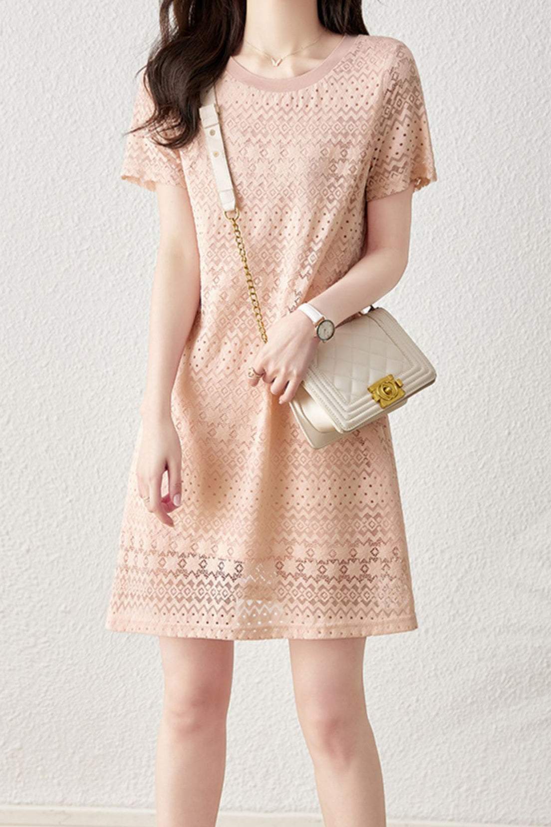 Mock Neck Geometric Pattern Shift Dress with Lining