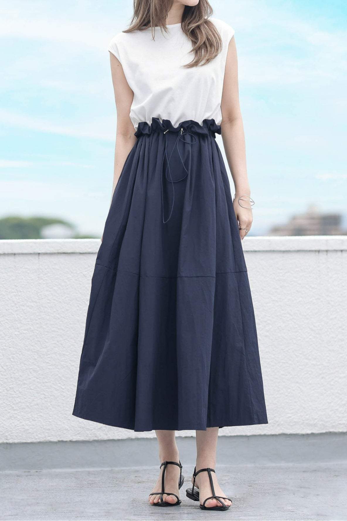 Round Neck Drawstring Docking Maxi Dress with Lining