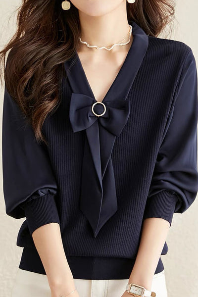 V-neck spliced knitted shirt