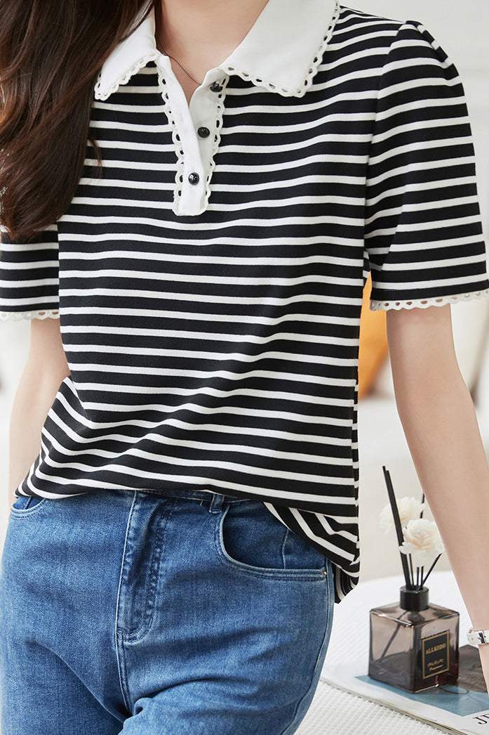 Polo Collar Lace Decor Tuck Sleeve Shirt