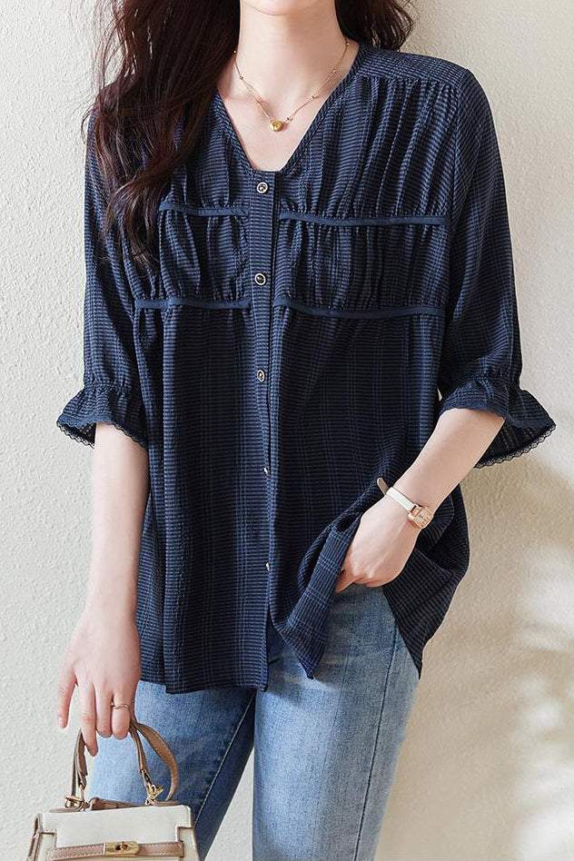 V-neck Piping Contrast Check Gathered Blouse