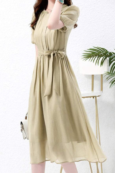 Nail Color Pintuck Belted Long Dress with Lining - 3 Colors Available