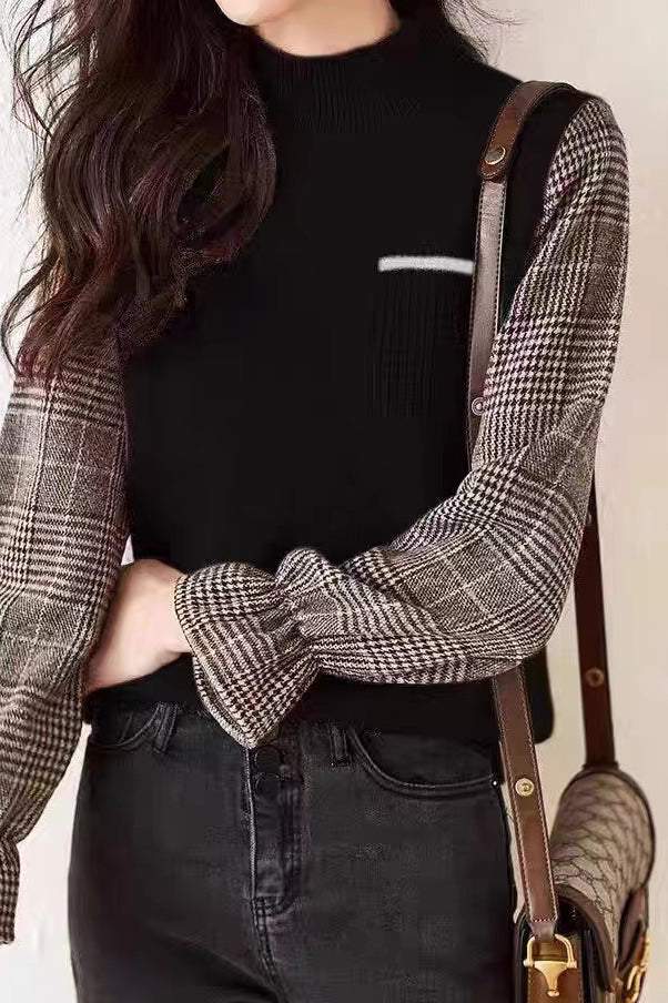 High Neck Houndstooth Contrast Knit Top - 3 Colors Available