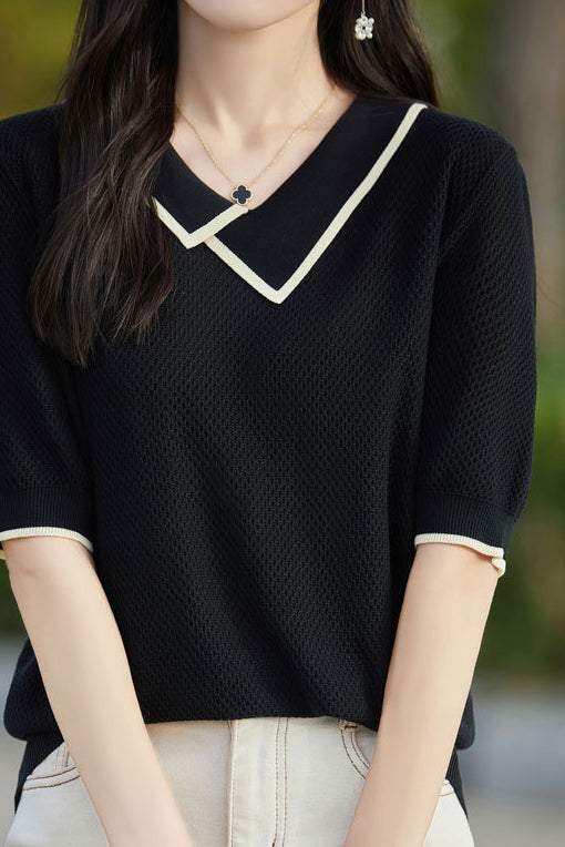 Asymmetrical Chelsea Collar Short Sleeve Knit - 3 Colors Available